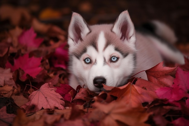 Husky puppy in a pile of autumn leaves