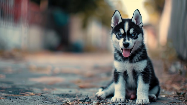 a husky puppy sits on the ground in front of a blurred background