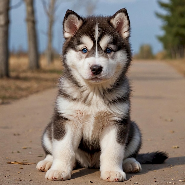 Photo a husky puppy sits on a path in a forest