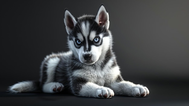 a husky puppy with a black background and a gray background