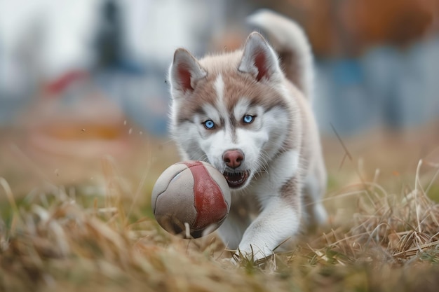 a husky puppy with blue eyes playing with a ball