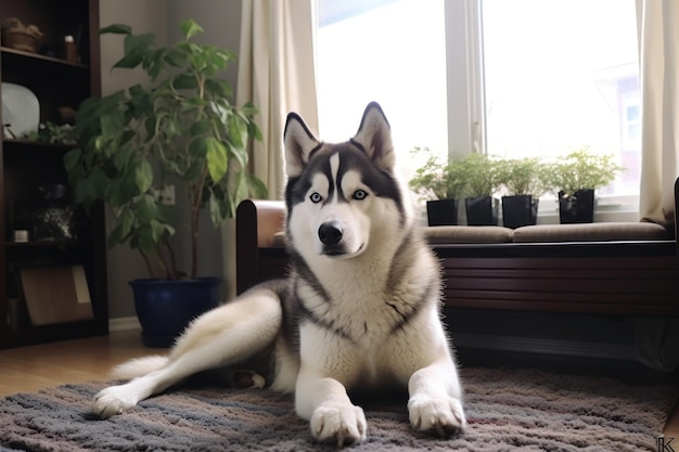 Husky sitting in a home living room Generative AI