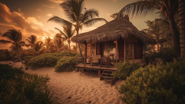 A hut on a beach with palm trees in the background