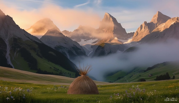 a hut in a field of grass with mountains in the background