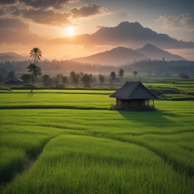 a hut in a rice field with mountains in the background