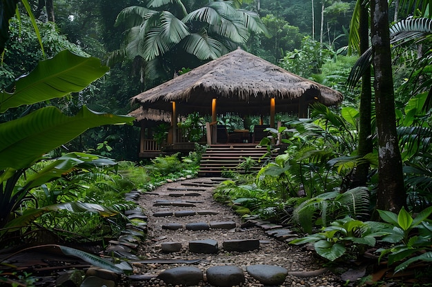 a hut with a thatched roof is surrounded by plants