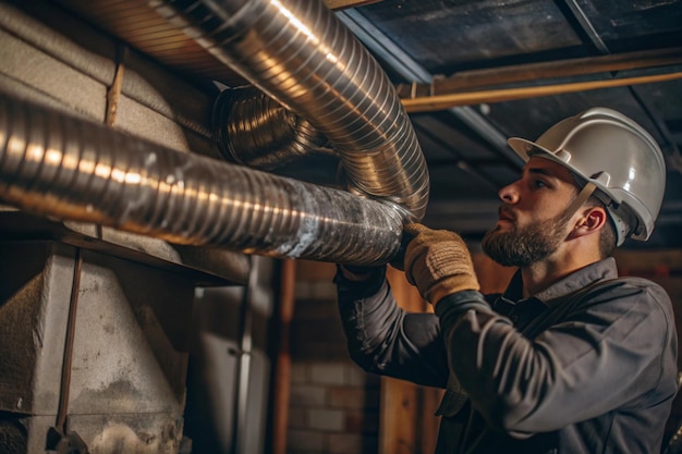 HVAC Technician Installing or Repairing Ductwork with Tools