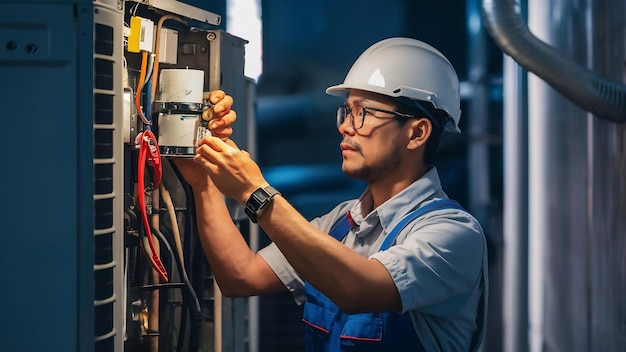 Hvac technician working on a capacitor part for condensing unit