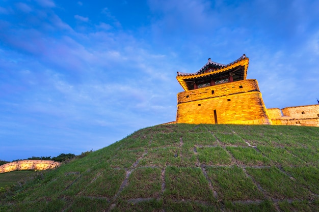 Hwaseong Fortress after Sunset, Traditional Architecture of Korea at Suwon, South Korea.