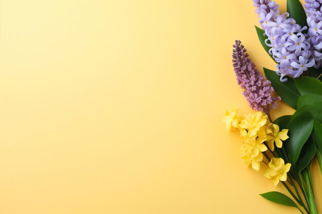 hyacinth and eucalyptus on yellow background copy space