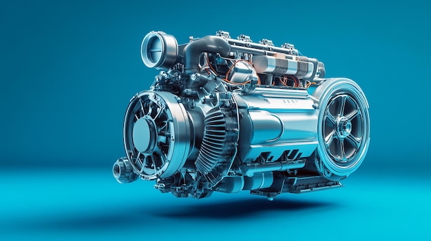 A hybrid car engine operating with both electric and combustion cycles visibly functioning isolated on a blue background showcasing its seamless integration