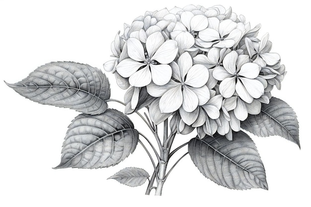 Hydrangea black and white floral line art on white background