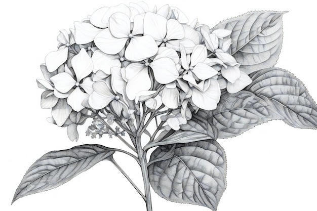 Hydrangea black and white floral line art on white background