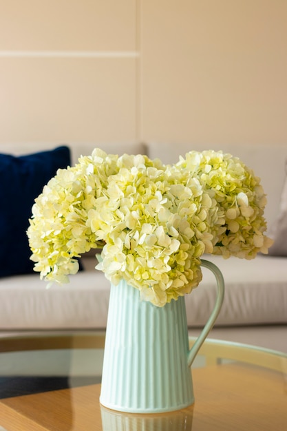 Hydrangea flower arrangement in a nice living room