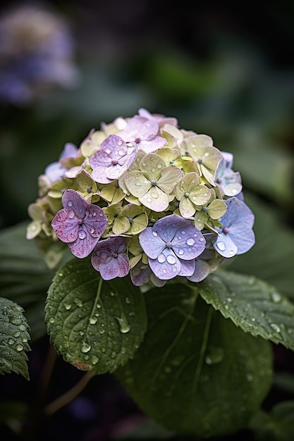 A hydrangea flower with water droplets on it