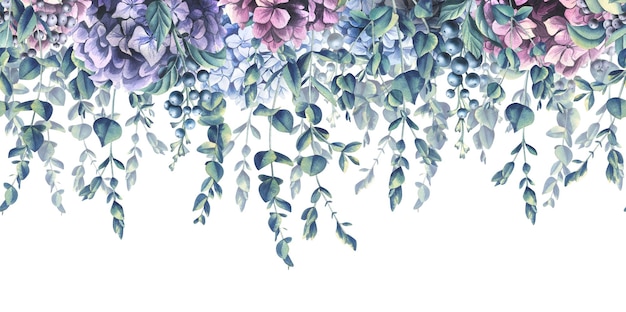 Hydrangea flowers eucalyptus branches and decorative berries Horizontal seamless banner Watercolor illustration from the WEDDING FLOWERS collection For the design and design of printing