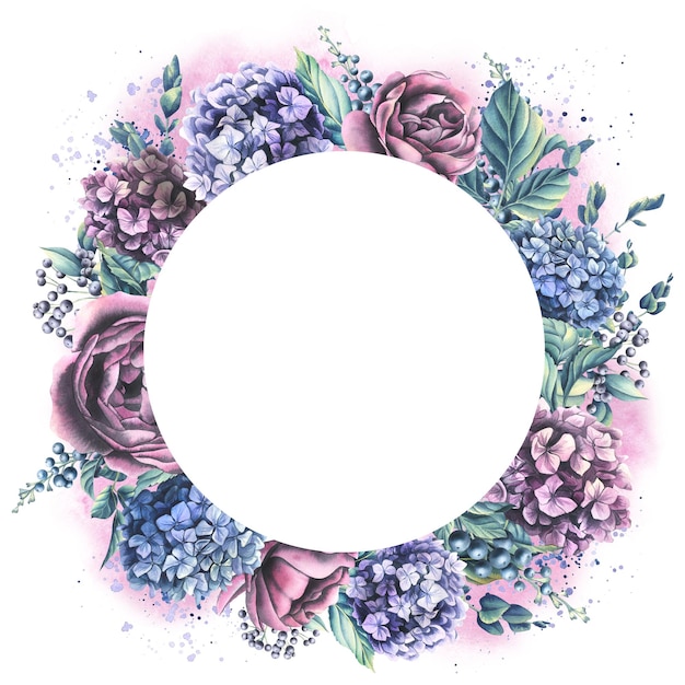 Hydrangea flowers roses and decorative leaves berries eucalyptus twigs Watercolor illustration Round wreath frame from the collection WEDDING FLOWERS For invitations certificates postcards