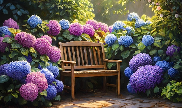 Photo hydrangea garden bench a cozy garden bench nestled among colorful hydrangea bushes