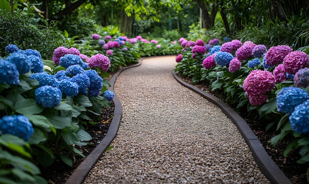 Hydrangea Pathway A winding garden path lined with vibrant hydrangeas in full bloom