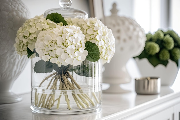 Hydrangeas in glass vase on white walls