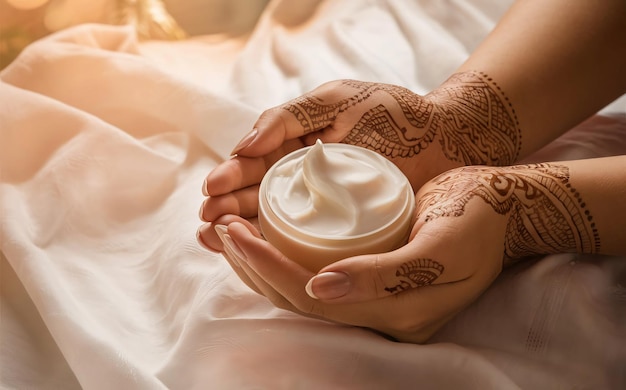 Photo hydration moment hands cupped together with a dollop of hand cream in the center