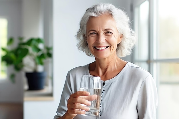 Hydration Senior lady drinks water from glass