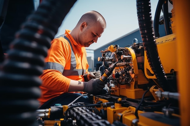 Photo hydraulic engineer checking safety new installation of modern industrial machinery collection of industrial work