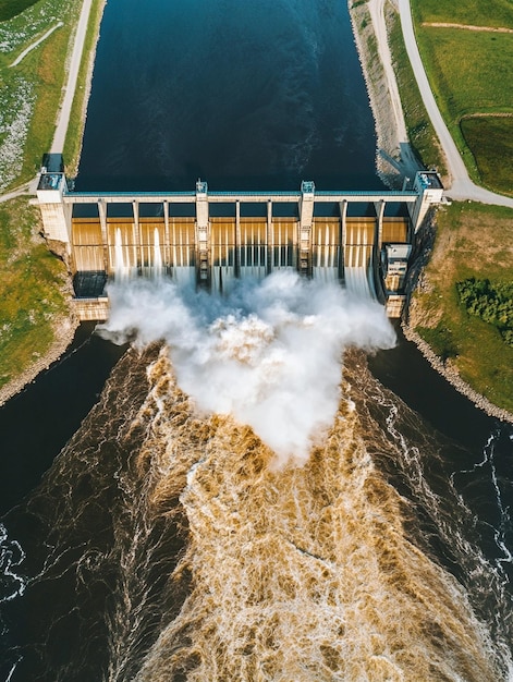 Photo hydroelectric dam on the river water discharge from the reservoir aerial photo