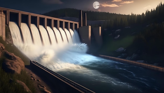 A hydroelectric dam with powerful rushing water illuminated by moonlight AI Generativ