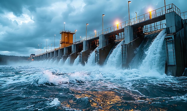 Hydroelectric dam with rushing water and electric turbines turning with the force of the flowing ri