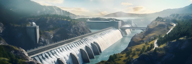 Hydroelectric power dam on a river in mountains aerial view