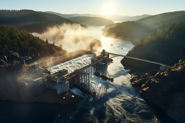 Hydroelectric power station in the mountains 3D rendering