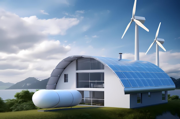 Hydrogen energy house have solar panels and wind turbine facility