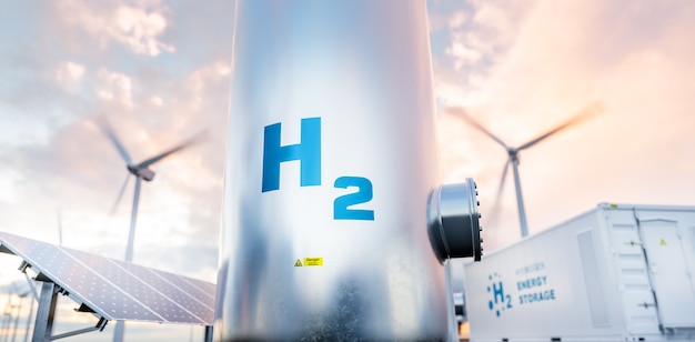 Hydrogen energy storage gas tank with solar panels, wind turbine and energy storage container unit in background. 3d rendering.