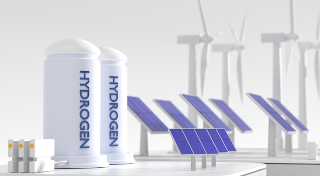 Hydrogen gas turbine power plant with renewable energy sources Production green hydrogen of windmill turbines and solar panels Tank containers for storage 3d render illustration clean electricity