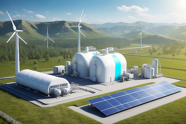 Hydrogen renewable energy production hydrogen gas for clean electricity solar and windturbine facility 3d rendering