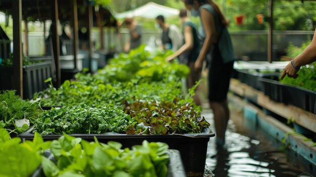 Photo a hydroponic farm with rows of plants in water people are walking by looking at the crops