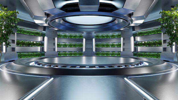 Hydroponics Lab room on spacecraft with circle podium empty.3D rendering