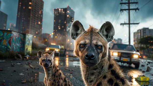 Photo hyena and dog encounter in the city eerie and suspenseful nighttime scene urban wildlife animal