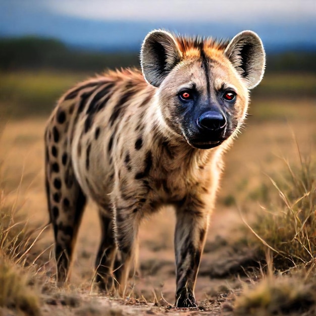 a hyena is standing in the grass and has a black nose