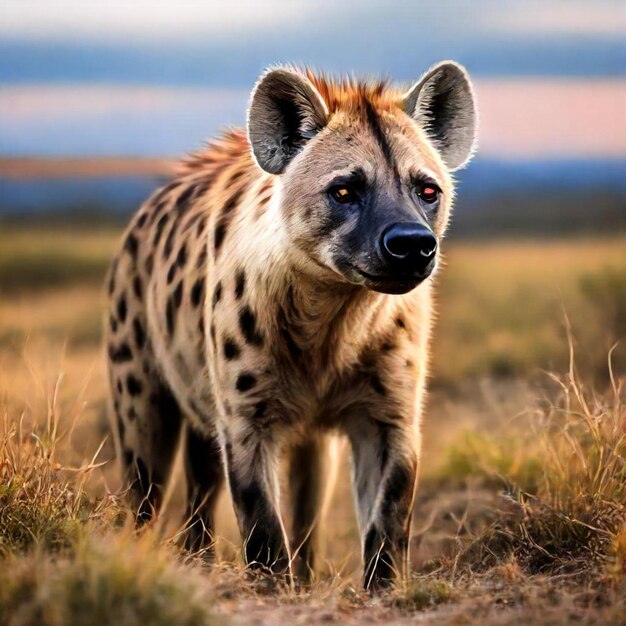 a hyena is standing in the grass and looking at the camera