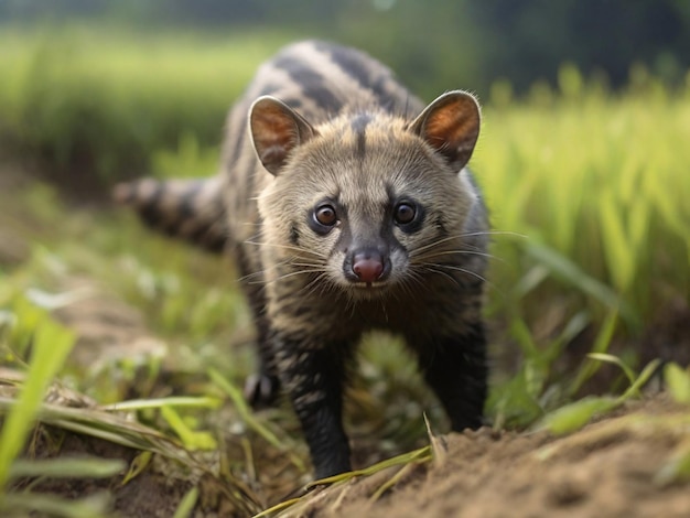 a hyena is walking in the grass in the field