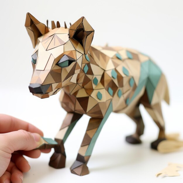 Photo hyena paper sculpture playful visual puzzles in light brown and teal