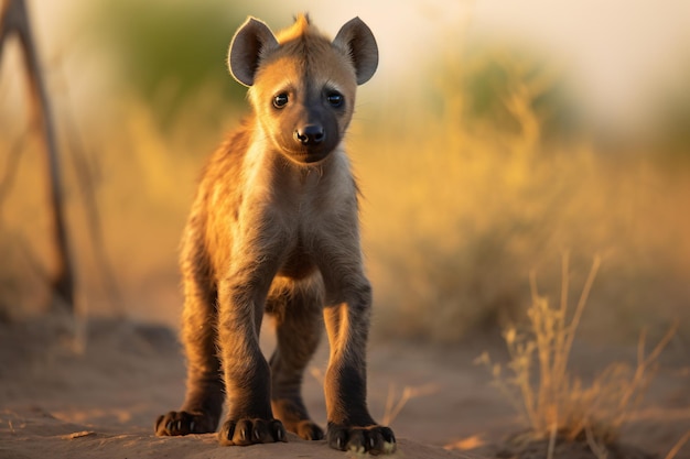 a hyena standing in the dirt in the wild