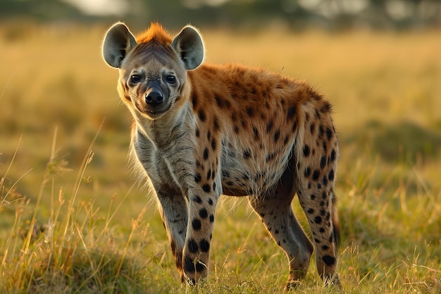 A hyena standing in the grass looking at the camera a professional photography