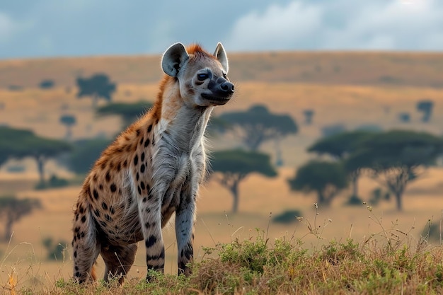 A hyena standing in the savannah surrounded high quality high resolution