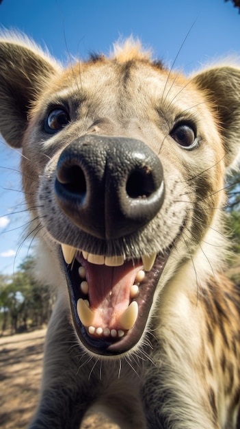 Hyena touches camera taking selfie Funny selfie portrait of animal