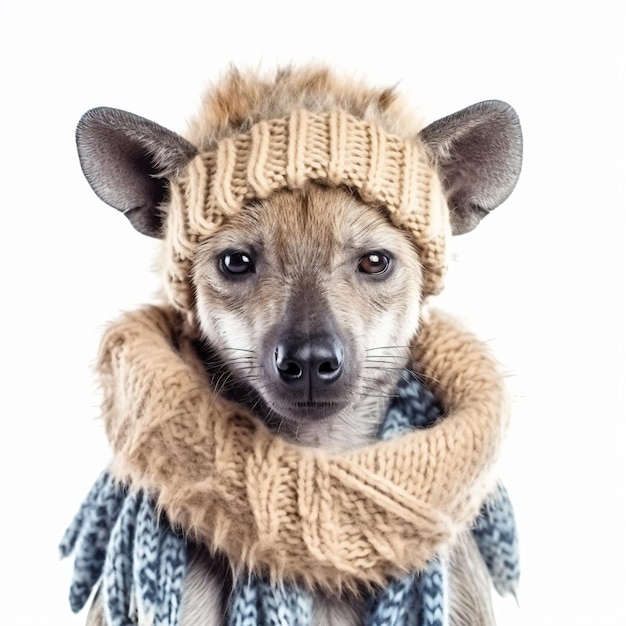 a hyena wearing a scarf and a hat