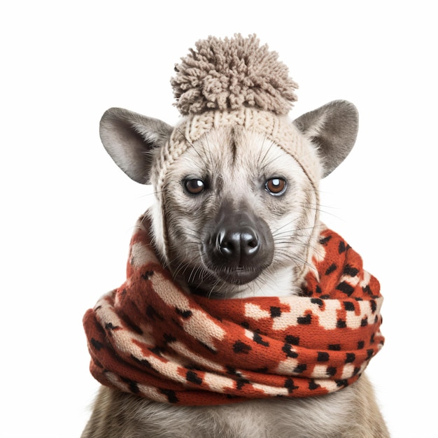 a hyena wearing a scarf and a hat