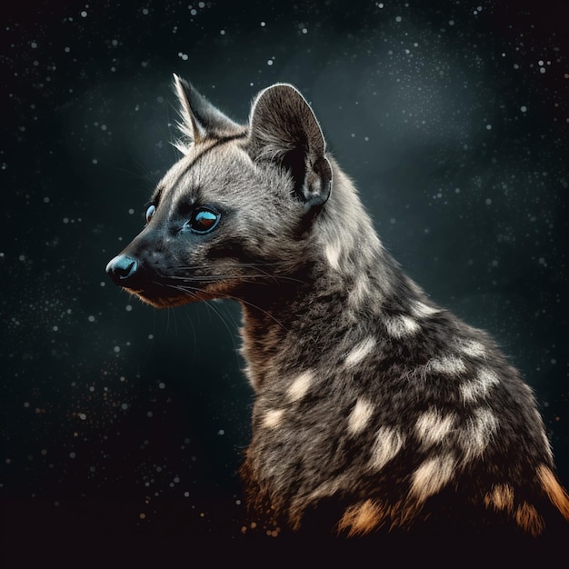 A hyena with blue eyes is shown in a painting.